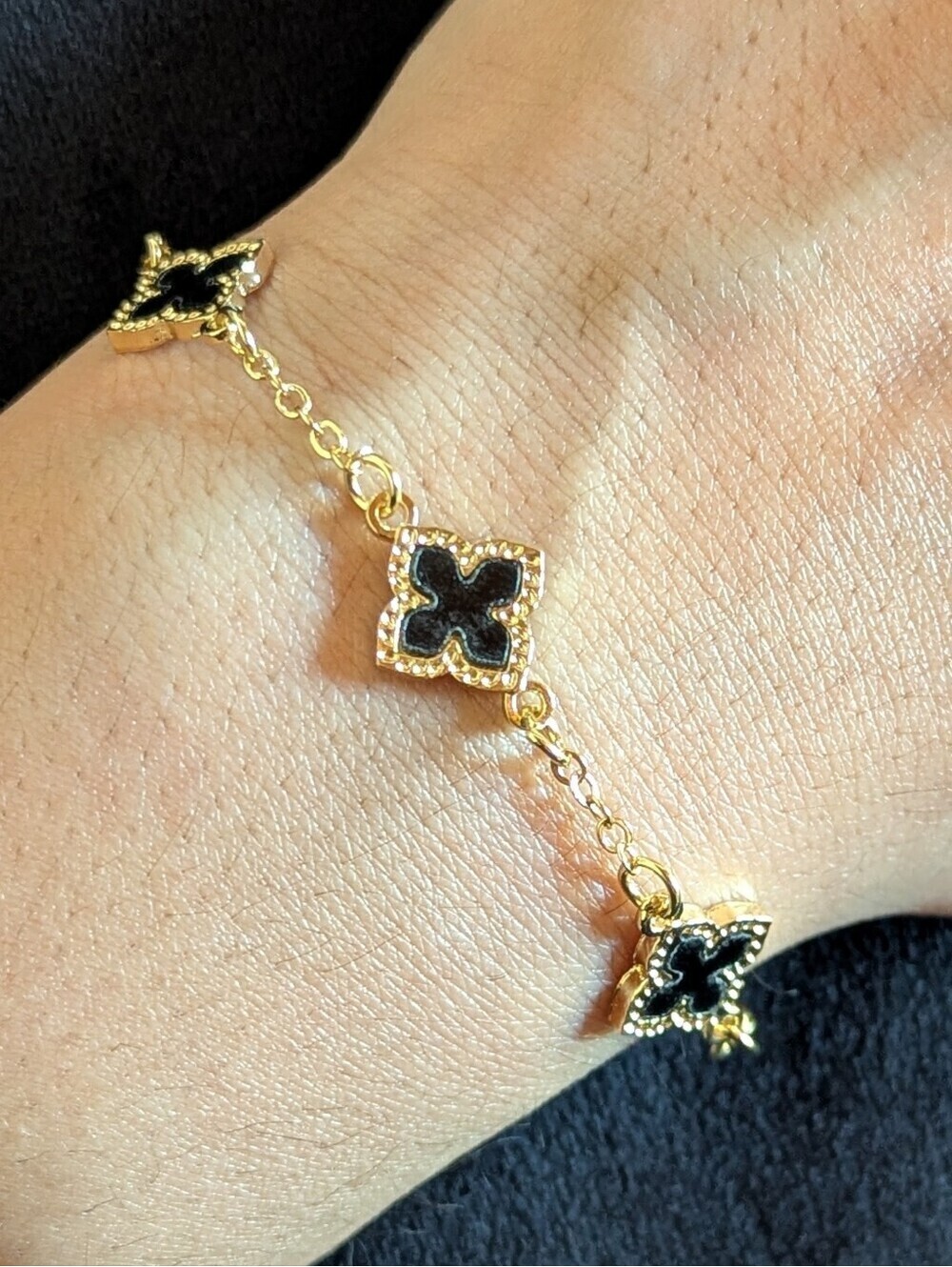 Gold and Black Enamel Clover Link Bracelet Minimalist Classic